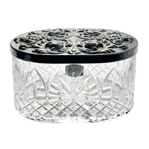 1990s Atlantis “Chartres” Crystal Oval Box & Silverplate Lid 7” Signed